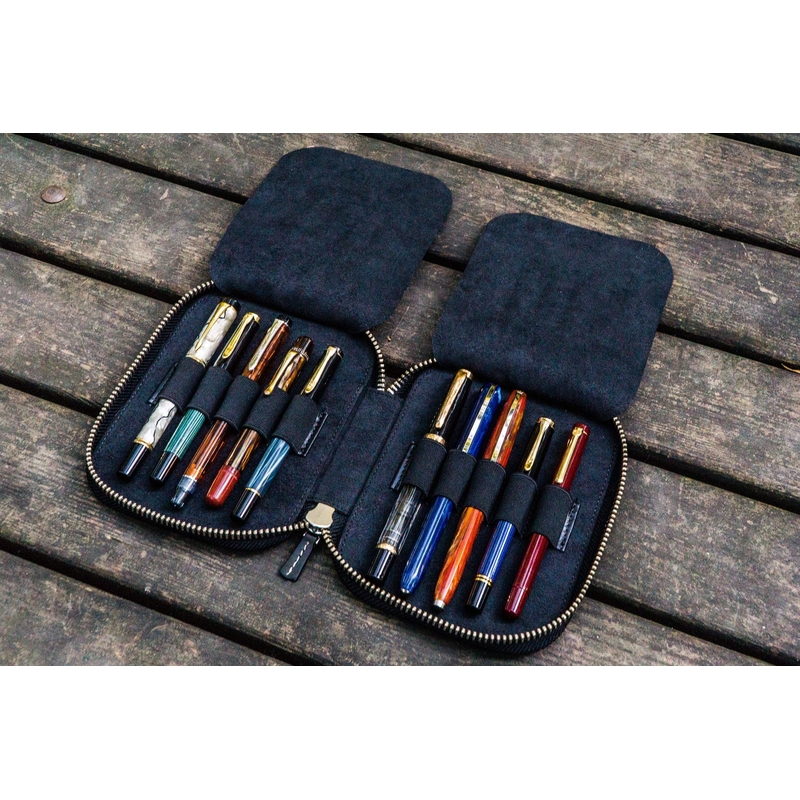 Galen Leather Portapenne in Pelle con Zip 10 Posti Nero