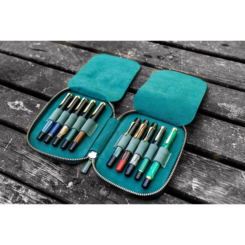 Galen Leather Zippered 10 Slots Pen Case Crazy Horse Forest Green