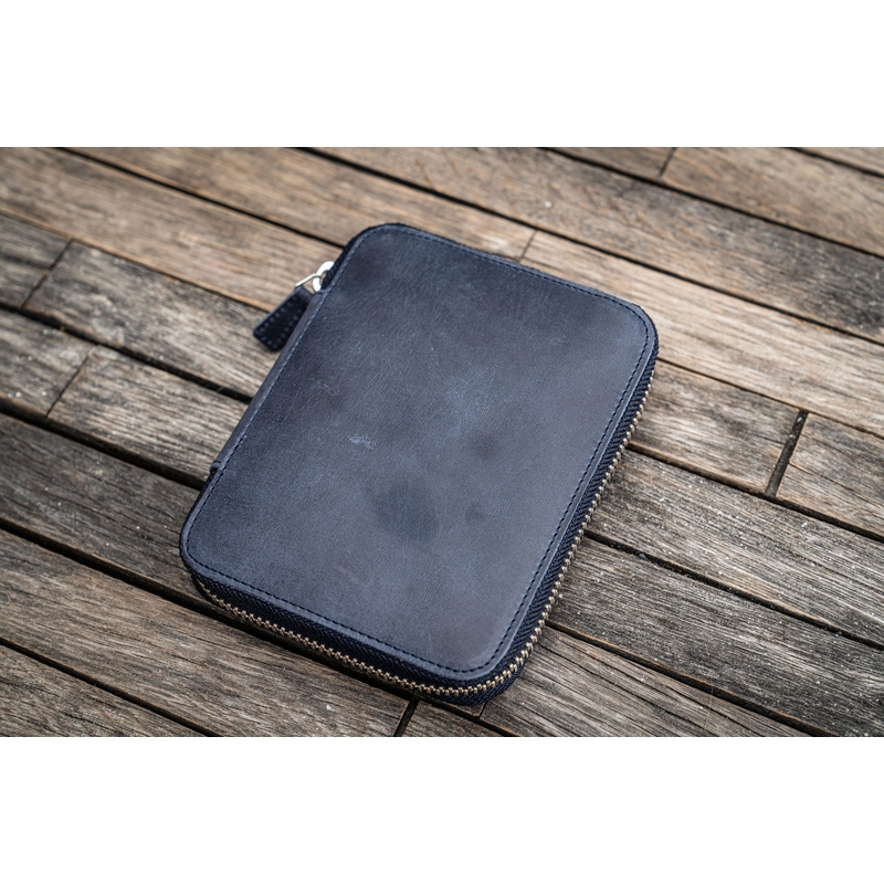 Galen Leather Zippered 10 Slots Pen Case Crazy Horse Navy Blue