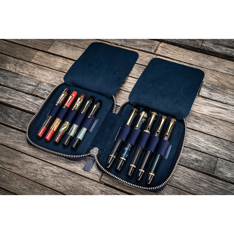 Galen Leather Zippered 10 Slots Pen Case Crazy Horse Navy Blue