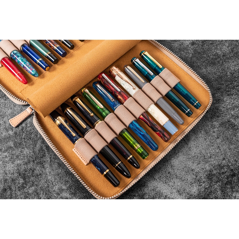 Galen Leather Zippered 20 Slots Pen Case Undyed Leather