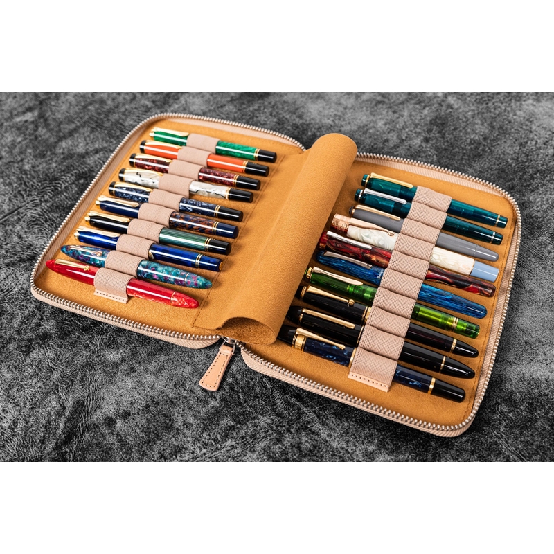 Galen Leather Zippered 20 Slots Pen Case Undyed Leather