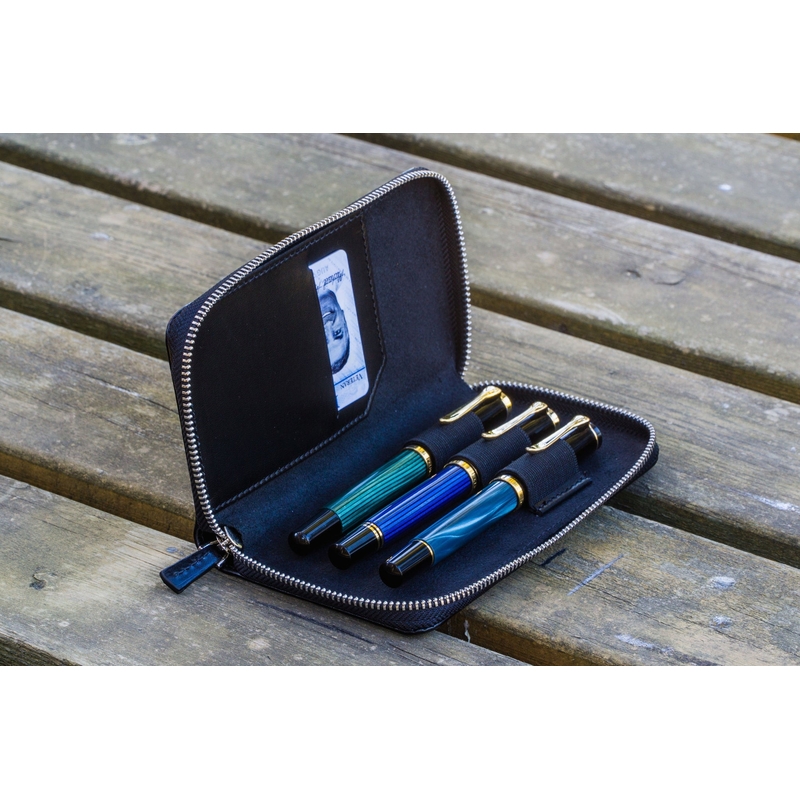 Galen Leather Portapenne in Pelle con Zip 3 Posti Nero