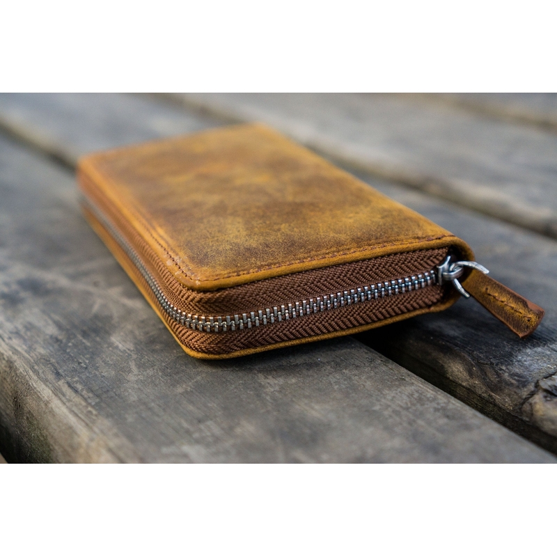 Galen Leather Zippered 3 Slots Pen Case Crazy Horse Brown