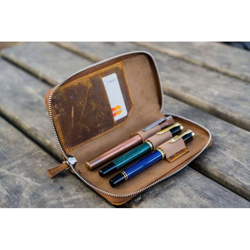 Galen Leather Zippered 3 Slots Pen Case Crazy Horse Brown
