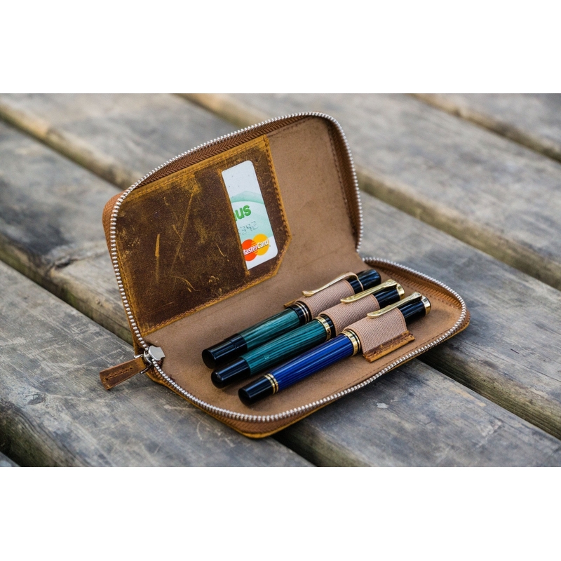 Galen Leather Zippered 3 Slots Pen Case Crazy Horse Brown
