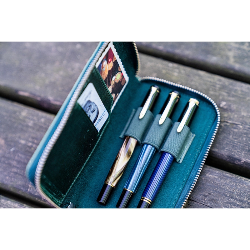 Galen Leather Zippered 3 Slots Pen Case Crazy Horse Forest Green