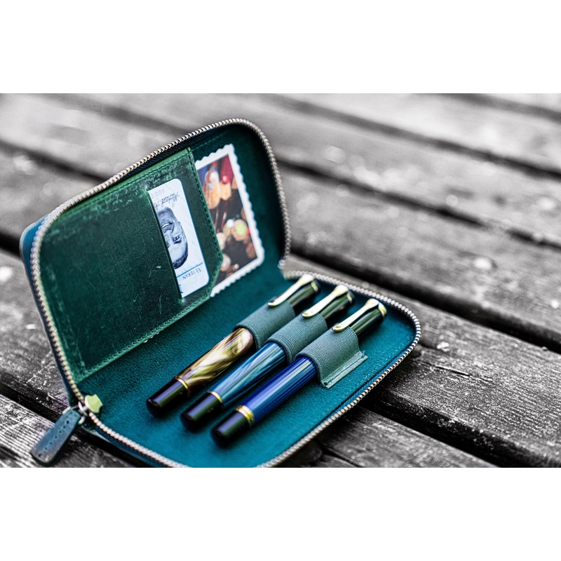 Galen Leather Zippered 3 Slots Pen Case Crazy Horse Forest Green