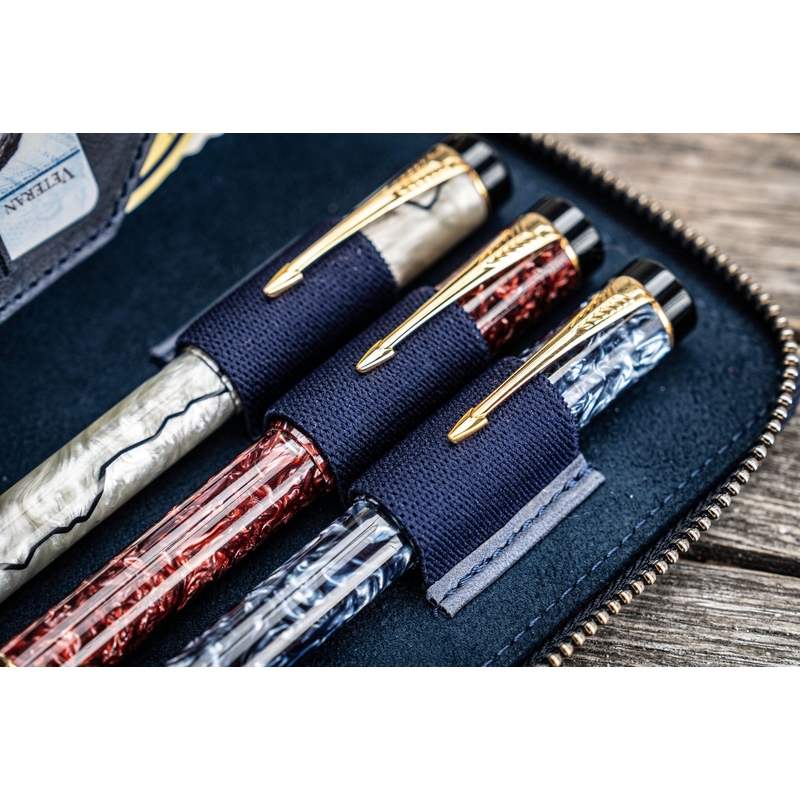 Galen Leather Portapenne in Pelle con Zip 3 Posti Crazy Horse Navy Blue