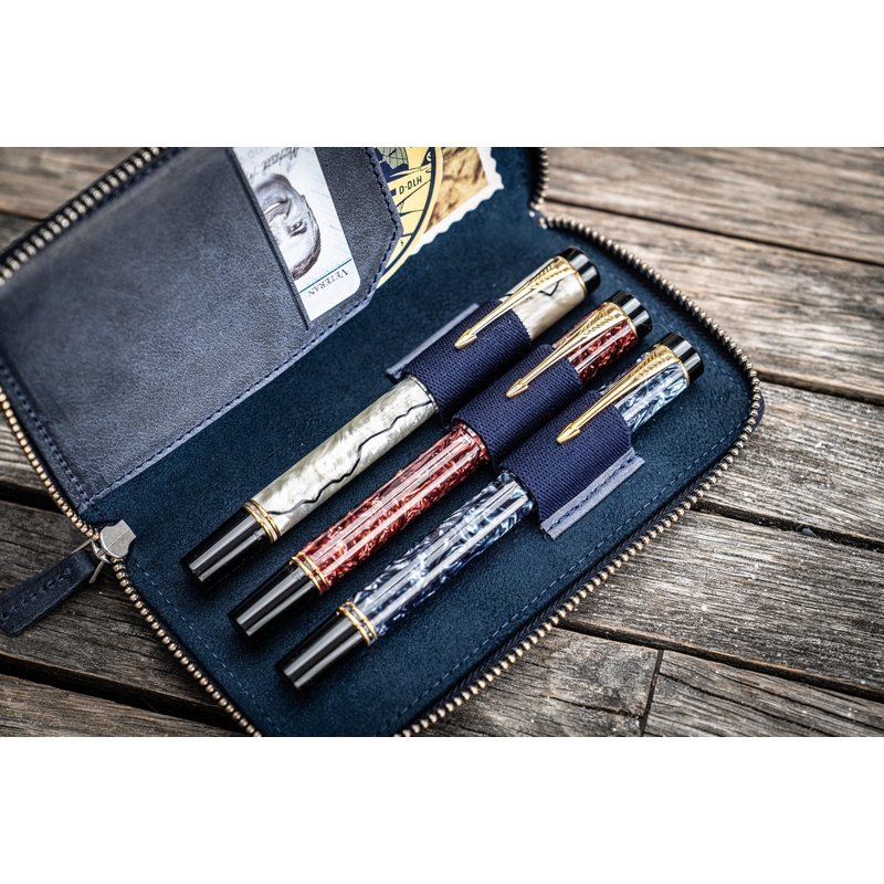 Galen Leather Portapenne in Pelle con Zip 3 Posti Crazy Horse Navy Blue