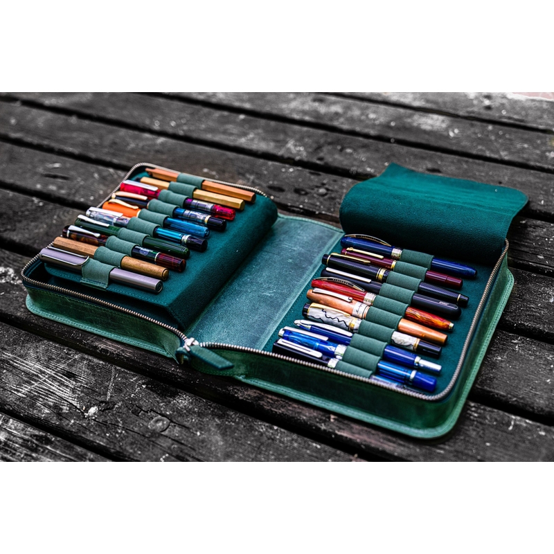 Galen Leather Zippered 40 Slots Pen Case Crazy Horse Forest Green