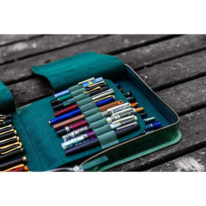 Galen Leather Zippered 40 Slots Pen Case Crazy Horse Forest Green