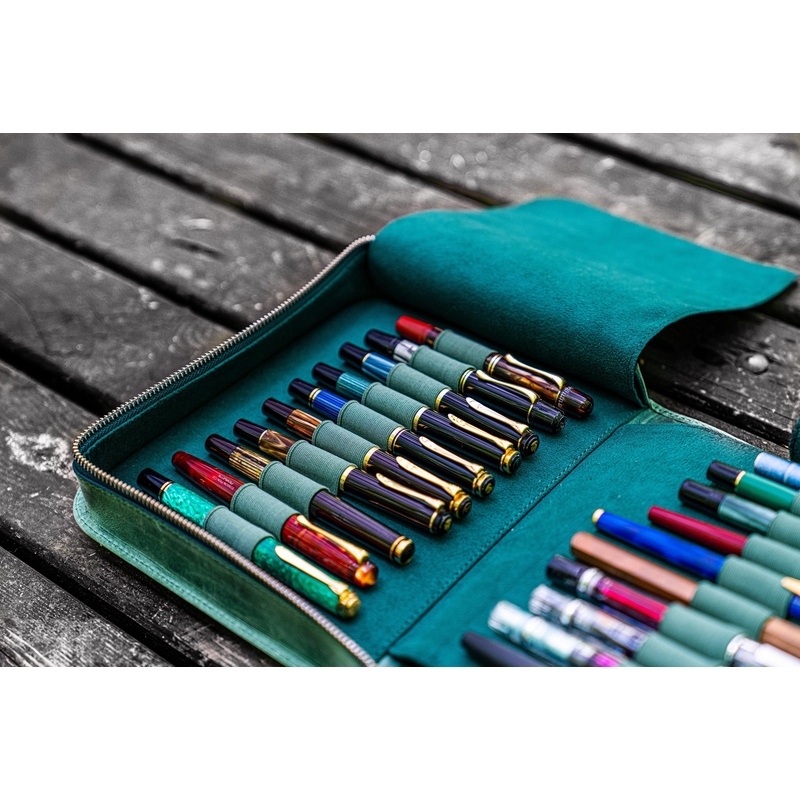 Galen Leather Zippered 40 Slots Pen Case Crazy Horse Forest Green