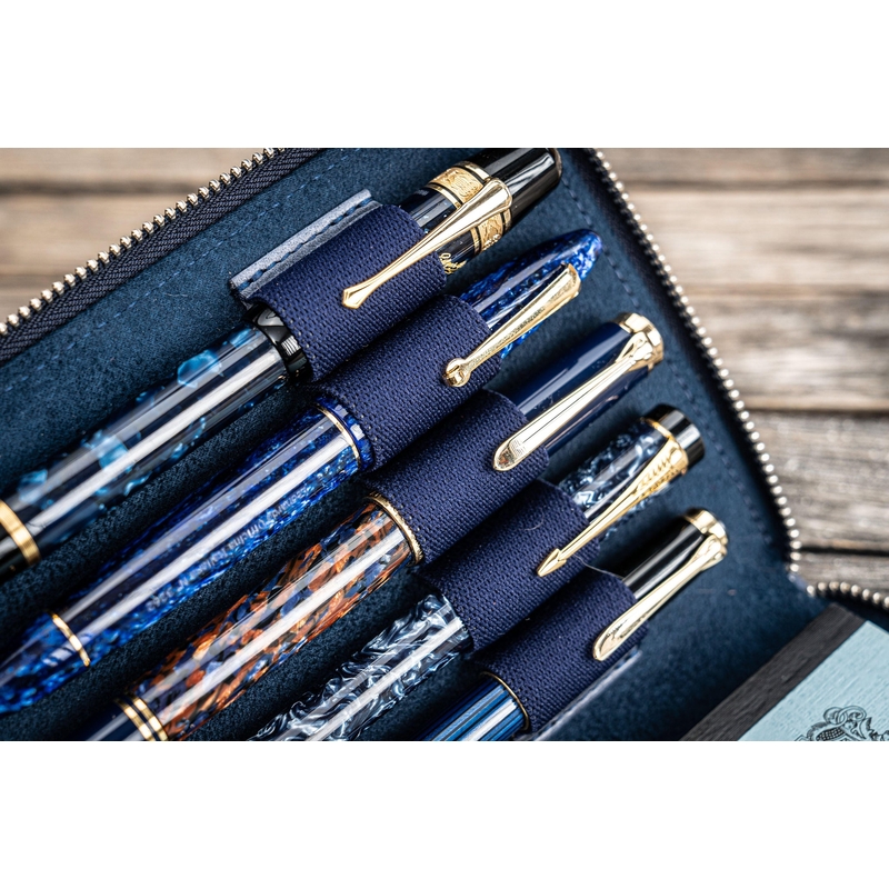 Galen Leather Portapenne in Pelle 5 Posti con Notebook A6 Crazy Horse Navy Blue