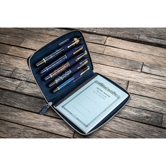 Galen Leather Zippered 5 Slots Pen Case with A6 Notebook Crazy Horse Navy Blue