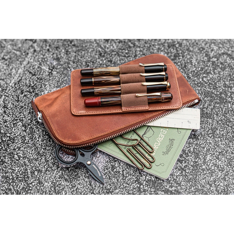 Galen Leather Slip-N-Zip 4 Slots Zippered Pen Pouch Crazy Horse Tan