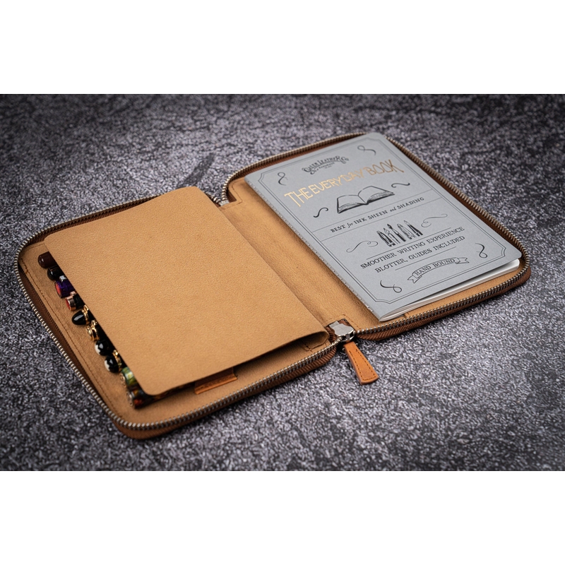 Galen Leather Zippered 10 Slots Pen Case with A5 Notebook Crazy Horse Brown