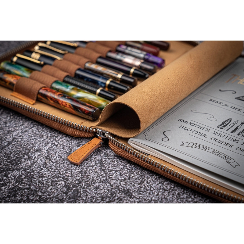 Galen Leather Zippered 10 Slots Pen Case with A5 Notebook Crazy Horse Brown