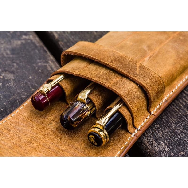 Galen Leather Flap Pen Case for 3 Pens Crazy Horse Brown