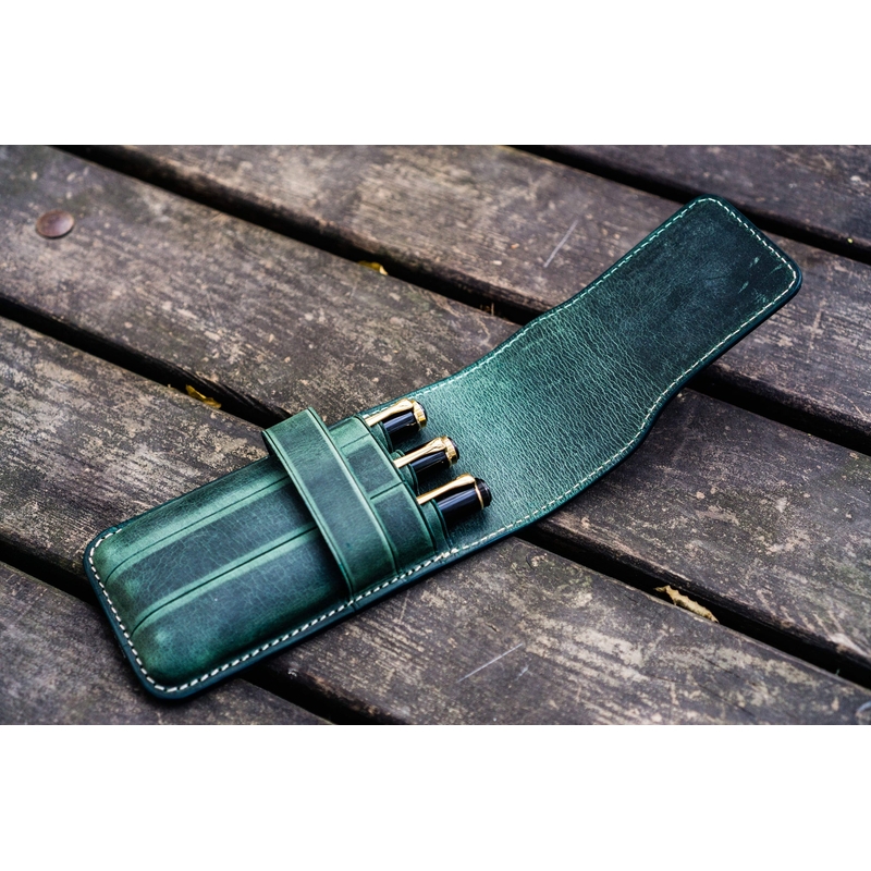 Galen Leather Flap Pen Case for 3 Pens Crazy Horse Forest Green
