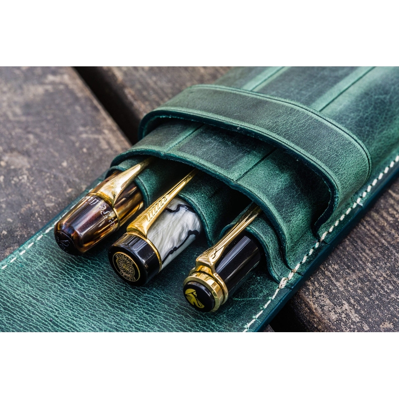 Galen Leather Flap Pen Case for 3 Pens Crazy Horse Forest Green