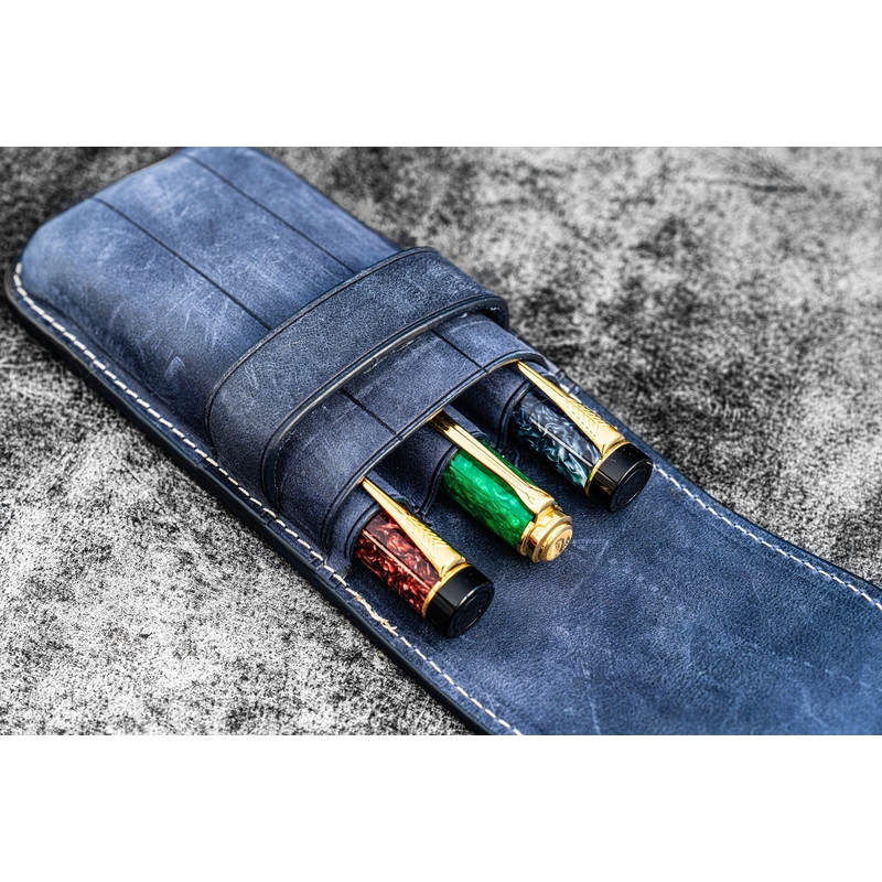 Galen Leather Flap Pen Case for 3 Pens Crazy Horse Navy Blue