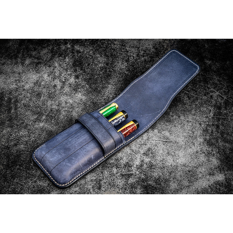 Galen Leather Flap Pen Case for 3 Pens Crazy Horse Navy Blue