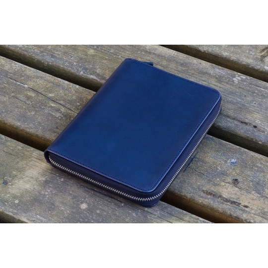 Galen Leather Zippered 5 Slots Pen Case with A6 Notebook Navy Blue