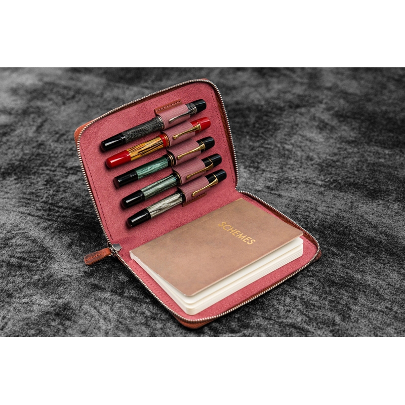 Galen Leather Galen Leather Portapenne in Pelle 5 Posti con Notebook A6 Crazy Horse Orange