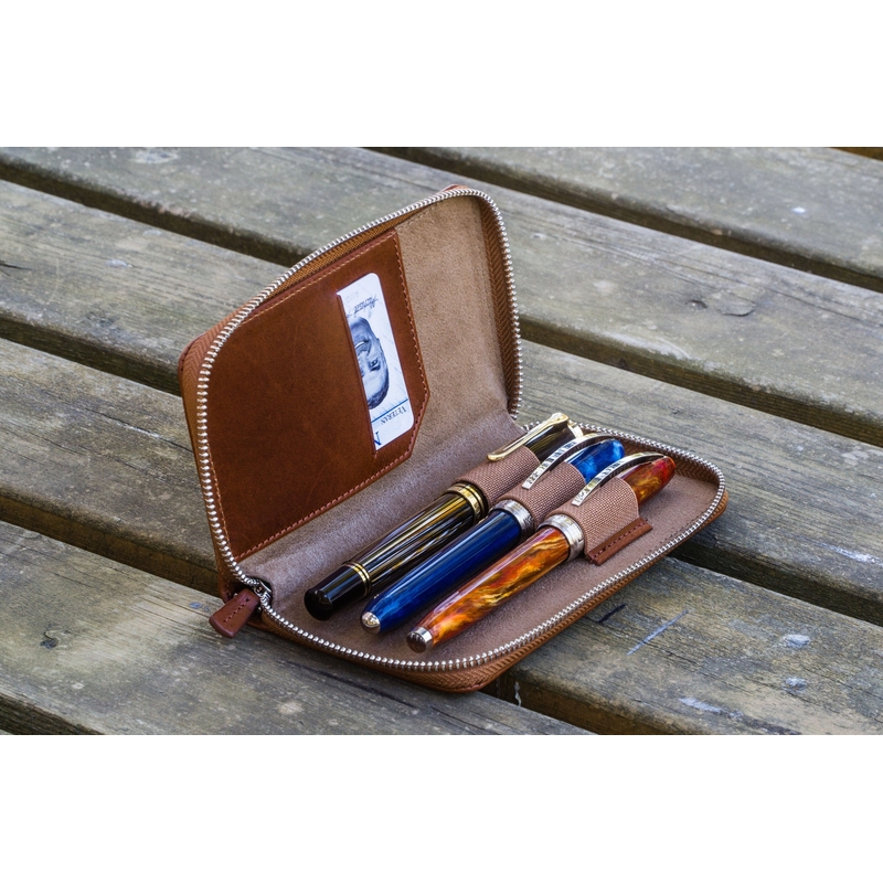 Galen Leather Galen Leather Zippered 3 Slots Pen Case Brown