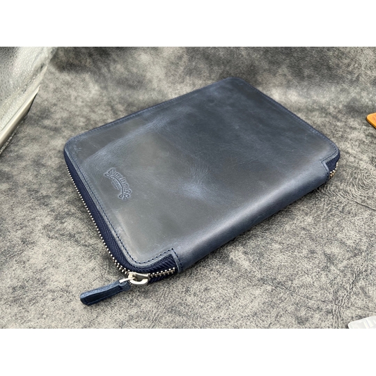 Galen Leather Zippered 10 Slots Pen Case with A5 Notebook Crazy Horse Navy Blue