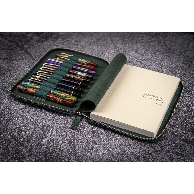 Galen Leather Galen Leather Zippered 10 Slots Pen Case with A5 Notebook Crazy Horse Forest Green