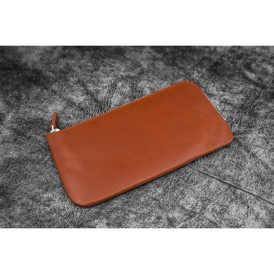 Galen Leather Slip-N-Zip 4 Slots Zippered Pen Pouch Brown