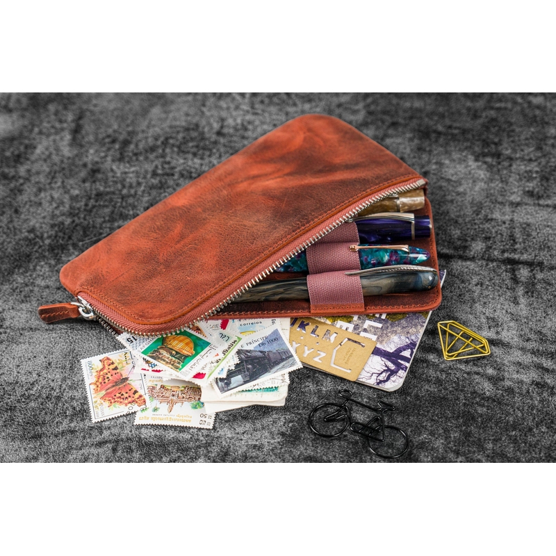 Galen Leather Galen Leather Slip-N-Zip Portapenne in Pelle 4 Posti Crazy Horse Orange