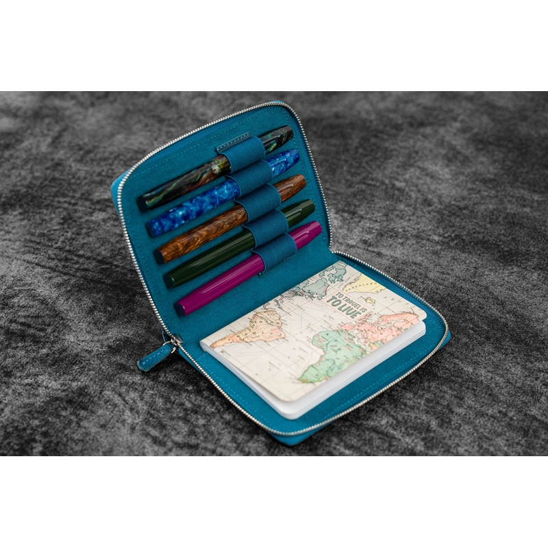 Galen Leather Galen Leather Zippered 5 Slots Pen Case with A6 Notebook Crazy Horse Ocean Blue