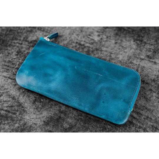 Galen Leather Slip-N-Zip Portapenne in Pelle 4 Posti Crazy Horse Ocean Blue