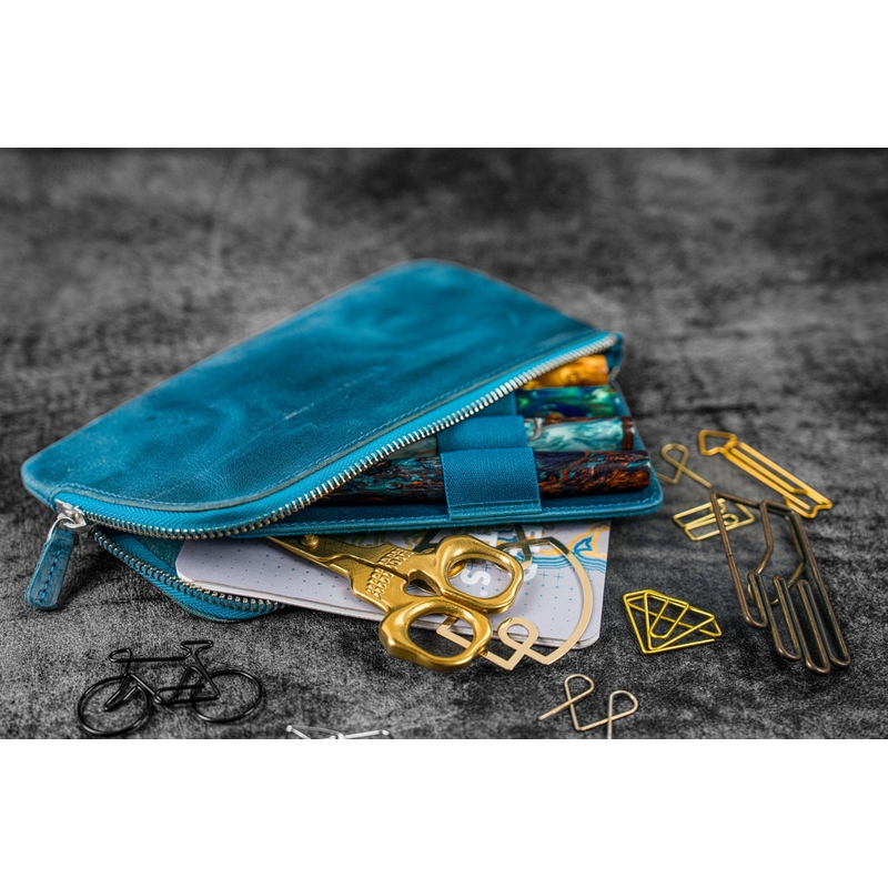Galen Leather Galen Leather Slip-N-Zip Portapenne in Pelle 4 Posti Crazy Horse Ocean Blue