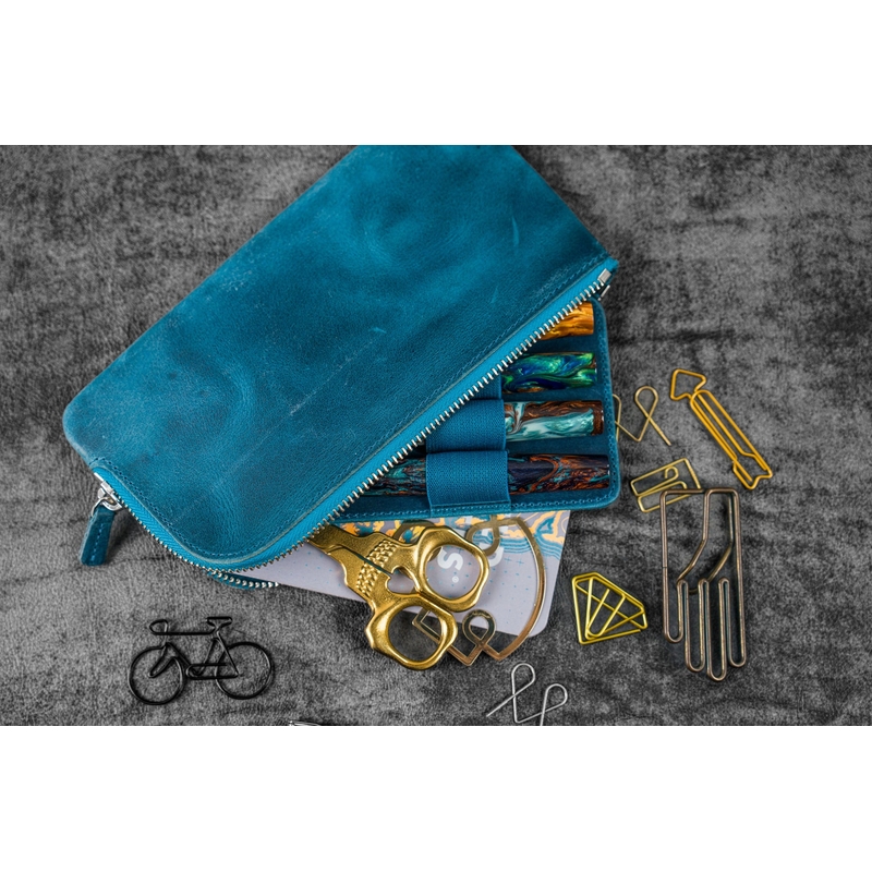 Galen Leather Galen Leather Slip-N-Zip Portapenne in Pelle 4 Posti Crazy Horse Ocean Blue