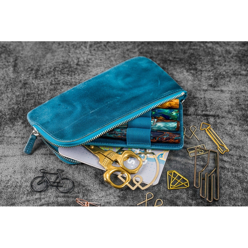 Galen Leather Galen Leather Slip-N-Zip 4 Slots Zippered Pen Pouch Crazy Horse Ocean Blue