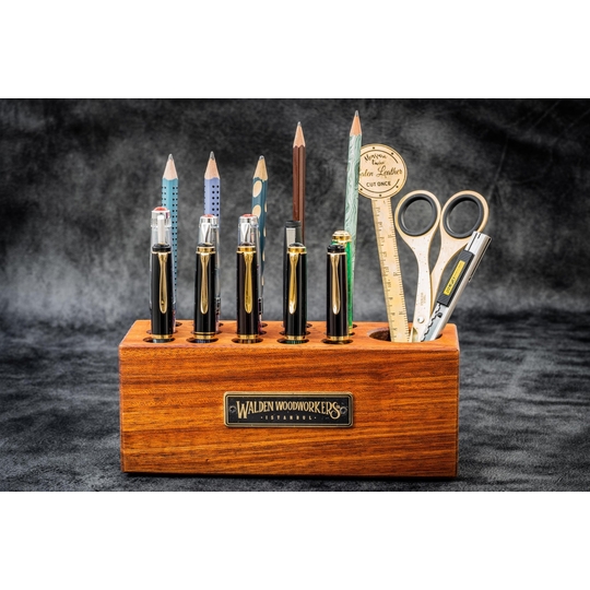 Galen Leather Wood Desk Organizer Portapenne in Legno di Mogano